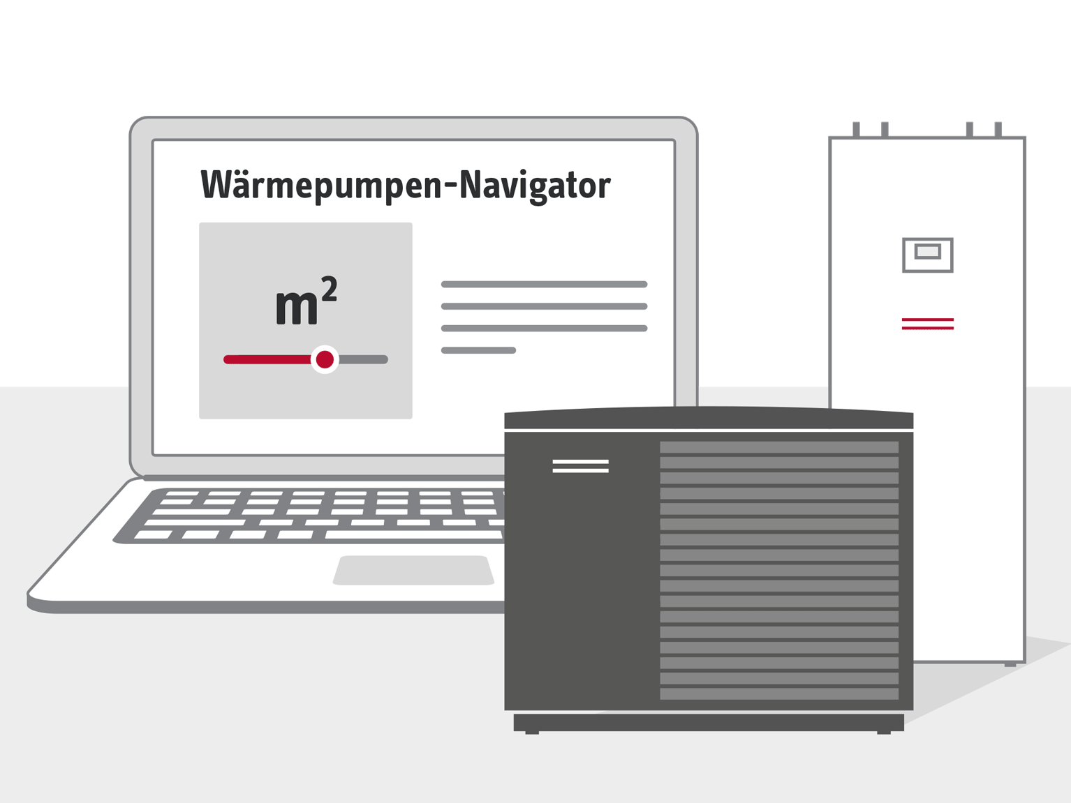 Grafik eines Notebooks mit einer stilisierten Abbildung des STIEBEL ELTRON Wärmepumpen-Navigators. Im Vordergrund ist im gleichen Stil eine illustrierte Wärmepumpe abgebildet.